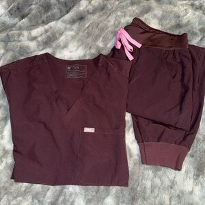 Figs Women's Scrub Set in Burgundy with Pink Accents